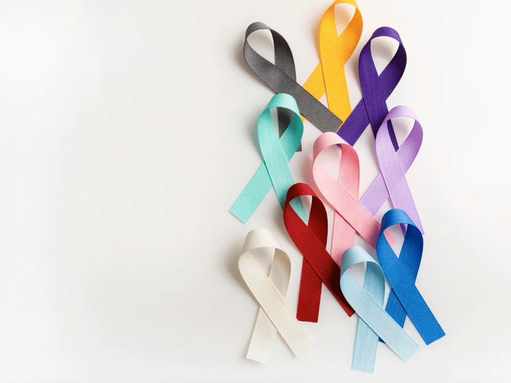 Multicolored cancer awareness ribbons