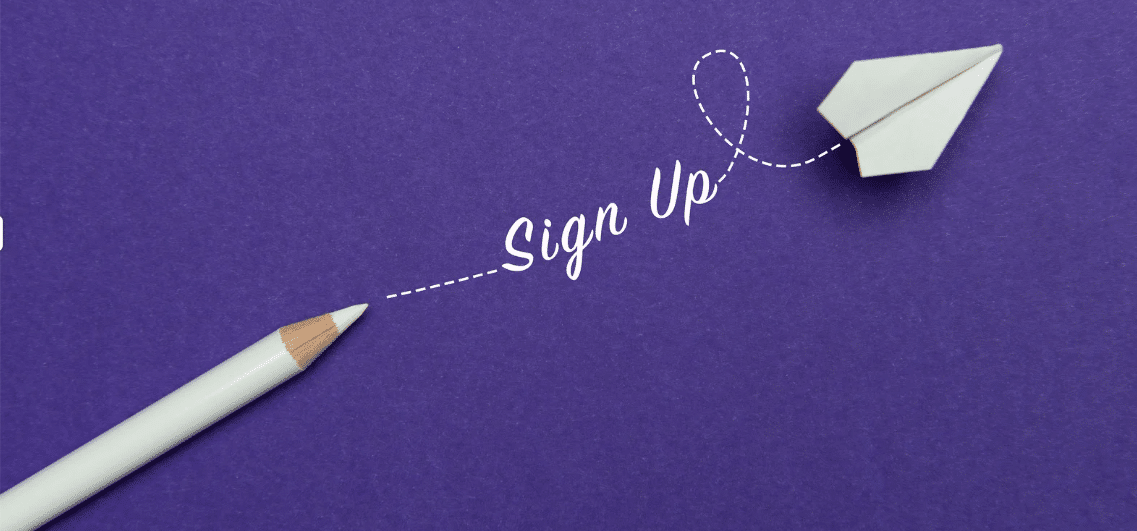 A paper airplane flying away from a pencil, with the words "Sign Up" between them